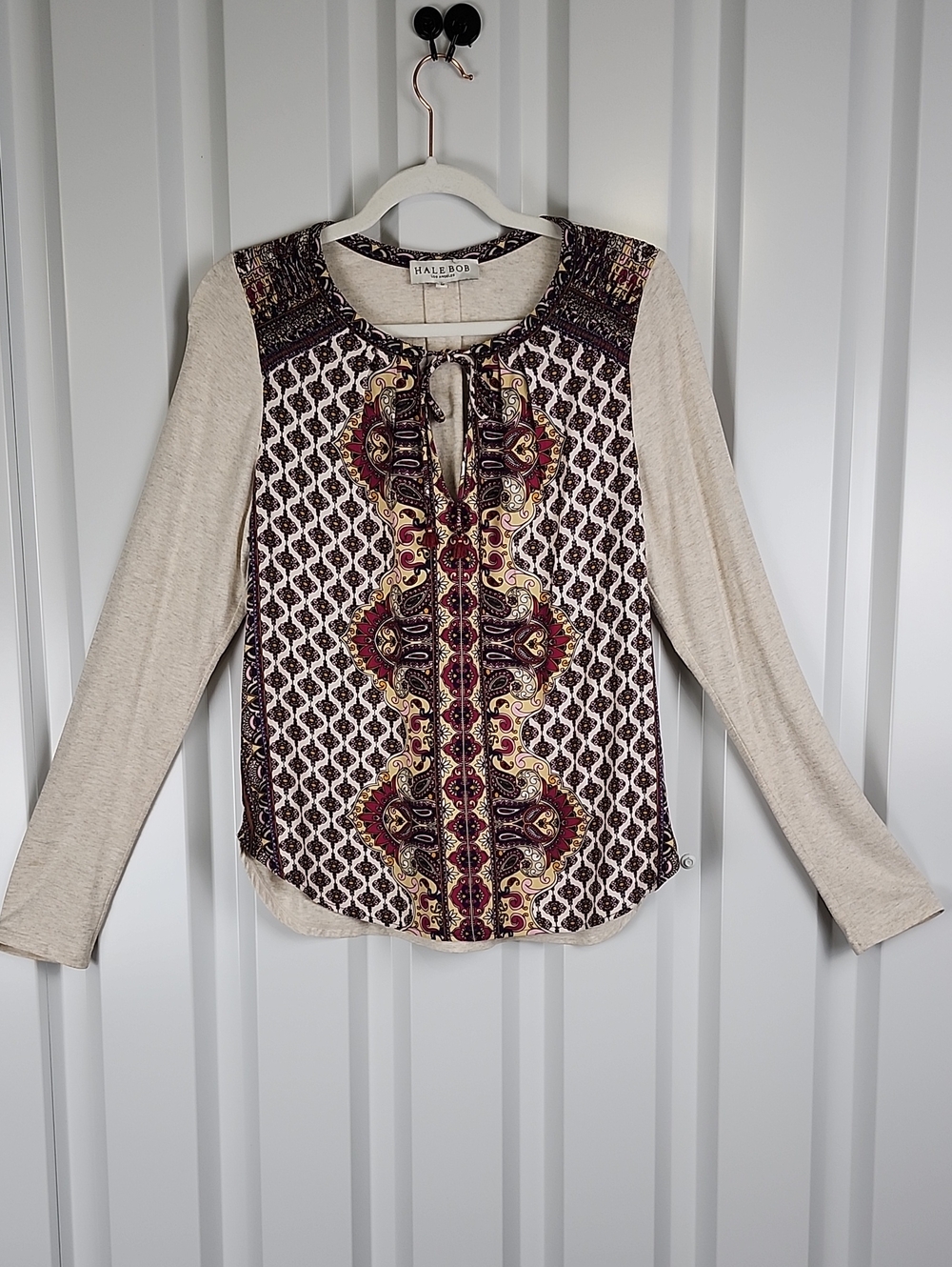 Hale Bob Womens Cream Long-Sleeve Top Burgundy Gold Printed Front Medium Tassel